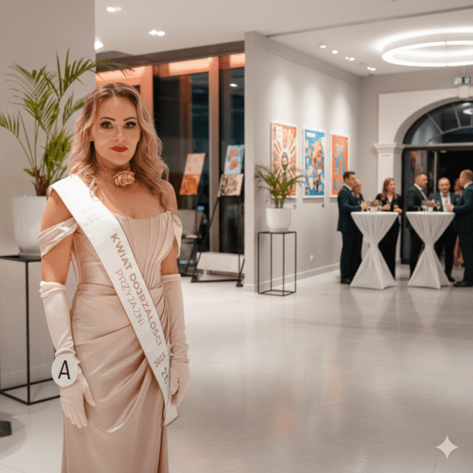 Izabela Kuligowska stylizka w długiej, beżowej sukni wieczorowej i rękawiczkach, z szarfą "Kwiat Dojrzałości Przyjaźni", na eleganckim bankiecie.