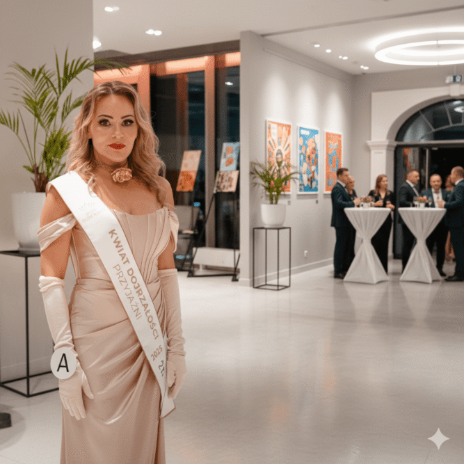 Izabela Kuligowska stylizka w długiej, beżowej sukni wieczorowej i rękawiczkach, z szarfą "Kwiat Dojrzałości Przyjaźni", na eleganckim bankiecie.